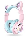 iClever Kopfhörer für Kinder, Katzen Ohren LED Light Up Kinder Bluetooth kabellose Faltbare Kopfhörer Over Ear für Schule/Tisch/PC