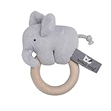 BO Baby's Only - Baby Rassel Elefant - Beißring - Babyspielzeug 0+ Monate - Aus Holz - Mit gestricktem Stofftier - Silbergrau