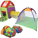 KIDUKU Kinderspielzelt Bällebad Pop Up Spielzelt Iglu Spielhaus + Krabbeltunnel + 200 Bälle + Tasche, für drinnen und draußen